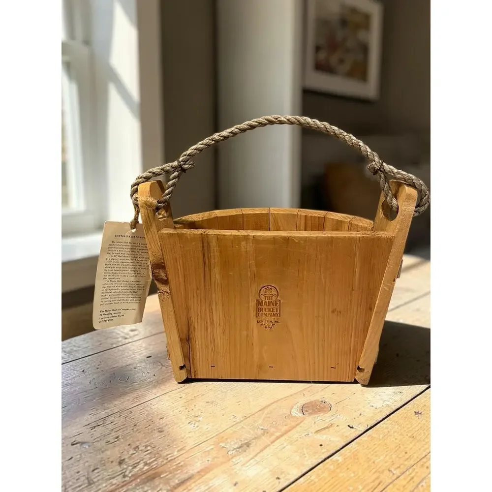 Vintage Maine Half Bucket Co Pine Wood Retriever Dog Basket Planter USA w Tag